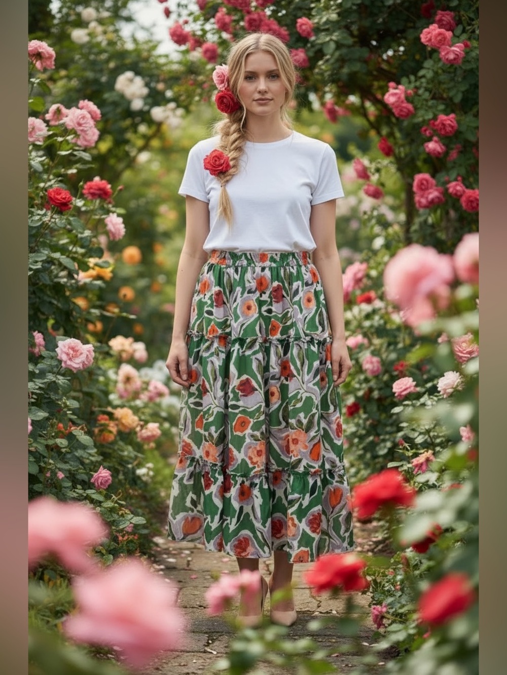 164 • Frida Floral Green Tiered Midi Skirt